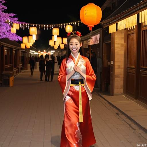 Chinese Lantern Festival, a beautiful woman wearing Hanfu walks down an ancient street with a lantern