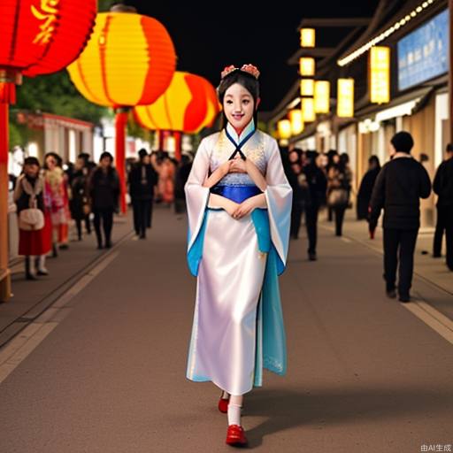 Chinese Lantern Festival, a beautiful woman wearing Hanfu walks down an ancient street with a lantern