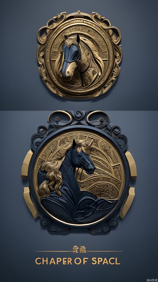 Horse-themed, dark blue, charcoal black or dark green, with gold embellishment to convey a sense of high-end, advertising slogan: Shaper of the soul of space