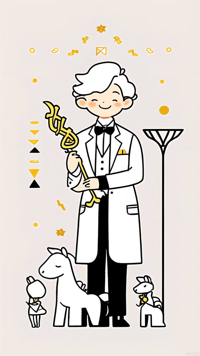 Design an anthropomorphic white cartoon horse, dressed in a well-tailored suit, wearing a gold bow tie, holding a cane, and smiling confidently. The background is a light gray gradual change, embellished with minimalist geometric patterns, the overall style is elegant and tasteful, conveying a sense of high-class and exquisite.