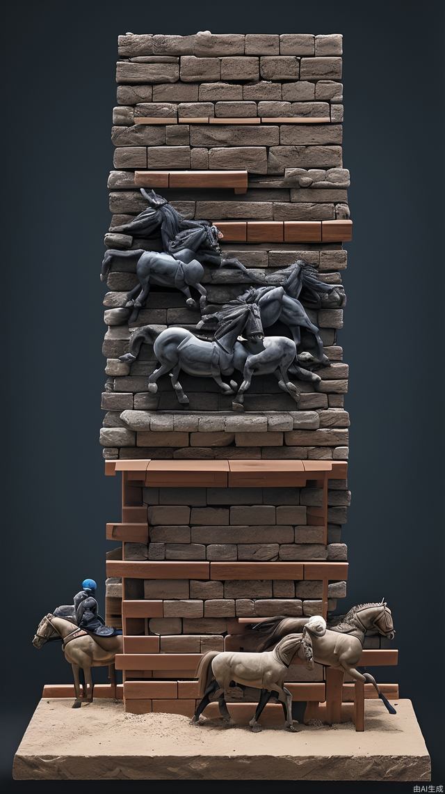 On a blue-black background, a combination of abstract and high-quality horses and bricks, showing action,