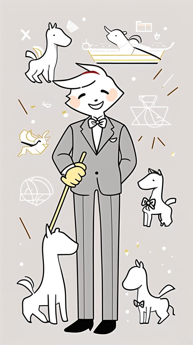 Design an anthropomorphic white cartoon horse, dressed in a well-tailored suit, wearing a gold bow tie, holding a cane, and smiling confidently. The background is a light gray gradual change, embellished with minimalist geometric patterns, the overall style is elegant and tasteful, conveying a sense of high-class and exquisite.