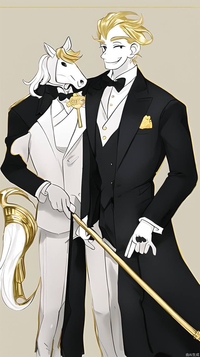 Design an anthropomorphic white cartoon horse, dressed in a well-tailored suit, wearing a gold bow tie, holding a cane, and smiling confidently. The background is a light gray gradual change, embellished with minimalist geometric patterns, the overall style is elegant and tasteful, conveying a sense of high-class and exquisite.