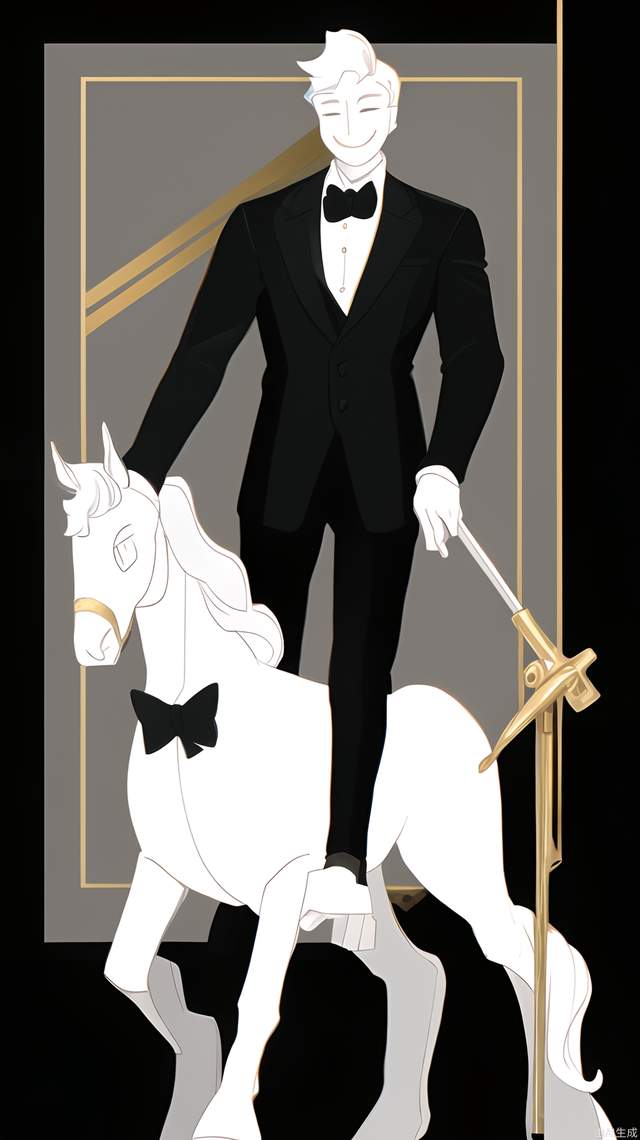 Design an anthropomorphic white cartoon horse, dressed in a well-tailored suit, wearing a gold bow tie, holding a cane, and smiling confidently. The background is a light gray gradual change, embellished with minimalist geometric patterns, the overall style is elegant and tasteful, conveying a sense of high-class and exquisite.