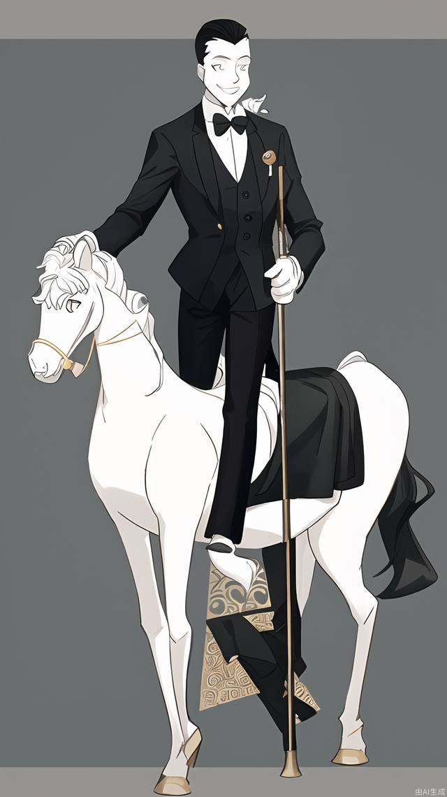 Design an anthropomorphic white cartoon horse, dressed in a well-tailored suit, wearing a gold bow tie, holding a cane, and smiling confidently. The background is a light gray gradual change, embellished with minimalist geometric patterns, the overall style is elegant and tasteful, conveying a sense of high-class and exquisite.