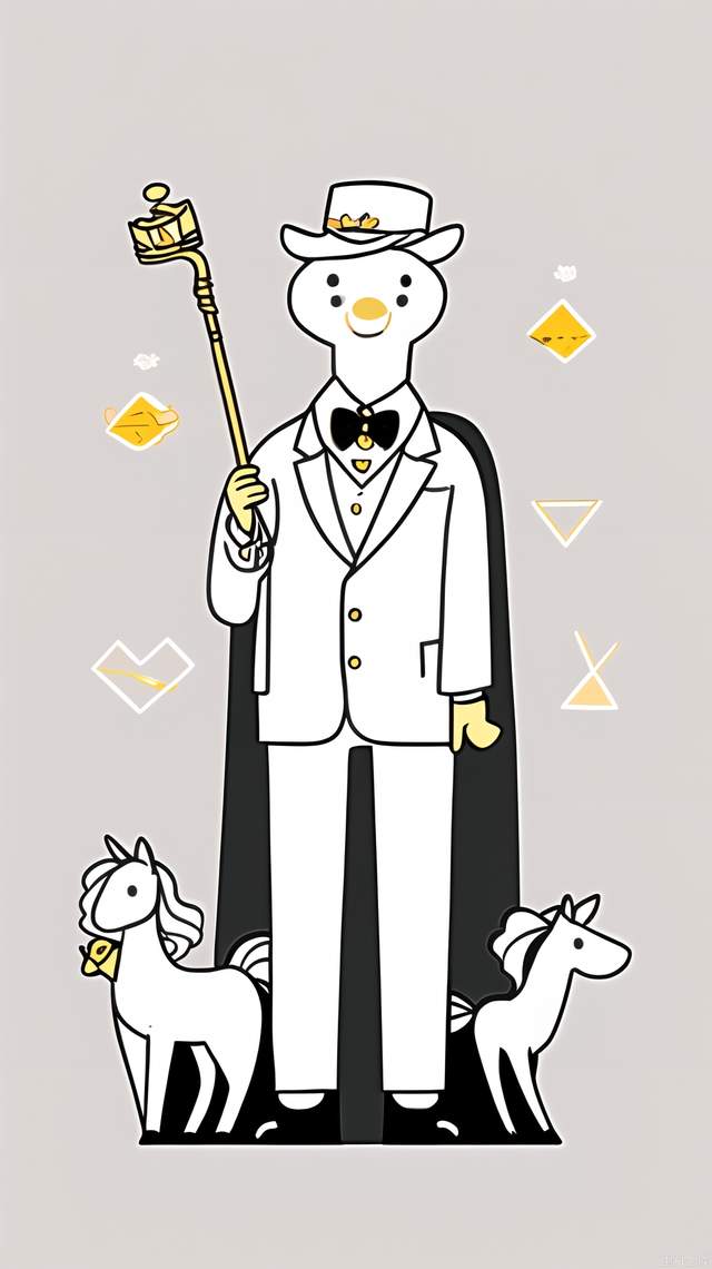 Design an anthropomorphic white cartoon horse, dressed in a well-tailored suit, wearing a gold bow tie, holding a cane, and smiling confidently. The background is a light gray gradual change, embellished with minimalist geometric patterns, the overall style is elegant and tasteful, conveying a sense of high-class and exquisite.