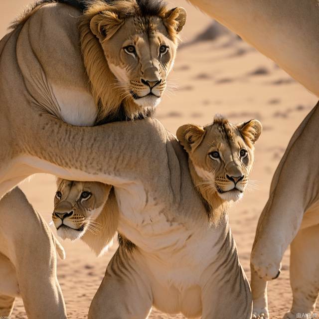 a Lion cub with his mother playing in the Kalahari in Namibia, low angle, 600mm Tele Lens, high aperture, Focus on Natural lighting