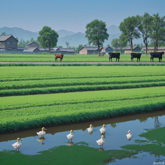 China, rural areas, childhood, fields, blue sky, cattle and ducks