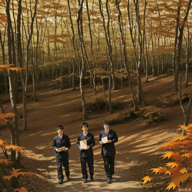 3boys, the hermit, china_dress, seductive_smile, absurdres, (autumn maple forest:1.3),(very few fallen leaves),(path), harbor, open_book