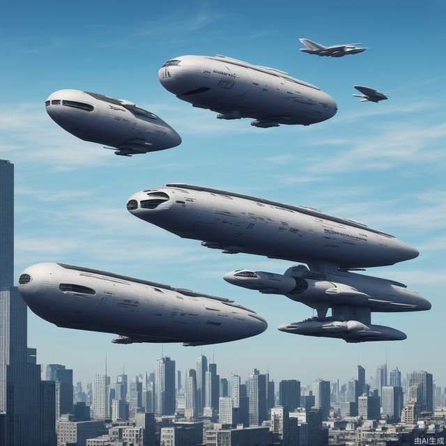 Macro, science fiction, airship, blue sky, car, spaceship, city, skyscraper, distant view