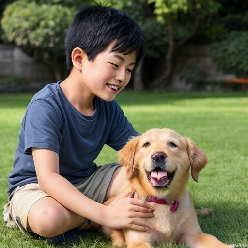 An Asian boy playing with his dog on the grass, sunny weather, warm hues