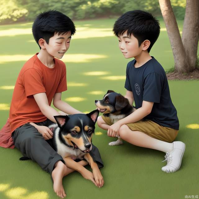 An Asian boy playing with his dog on the grass, sunny weather, warm hues