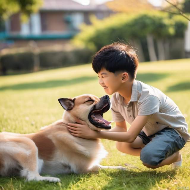 An Asian boy playing with his dog on the grass, sunny weather, warm hues