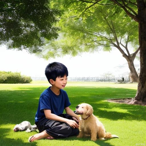 An Asian boy playing with his dog on the grass, sunny weather, warm hues