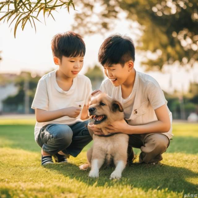 An Asian boy playing with his dog on the grass, sunny weather, warm hues