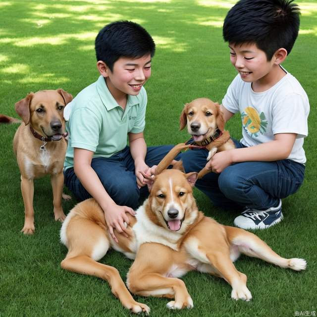 An Asian boy playing with his dog on the grass, sunny weather, warm hues