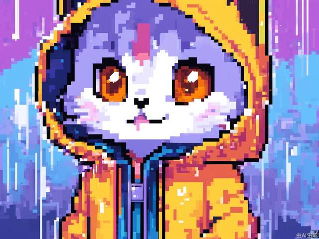 Pixel style, MG_xiangsu, rain, dog, no human, hood, raincoat, (famous blue raincoat: 1.1), zip, animal, solo, tail, animal focus, colored sclera, dog tail, purple eyes, purple sclera, hood, cat hood, jacket, transparent raincoat, pink fur, eyes, red wall, < lora: MG_xiangsu -000008:1 >,