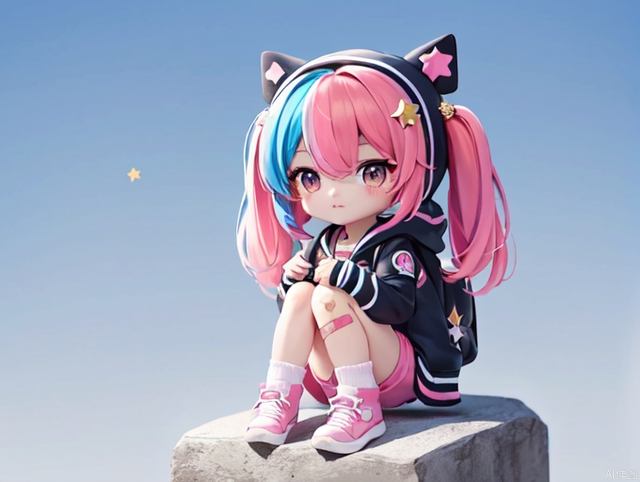 masterpiece, best quality, 8k, cinematic light, ultra high res, chibi, 1girl, bag, backpack, solo, multicolored hair, shorts, star \, (symbol\), blue hair, hood, sitting, pink hair, star hair ornament, head rest, socks, pink footwear, black shorts, hair ornament, full body, boots, bandaid, gradient, twintails, jacket, 