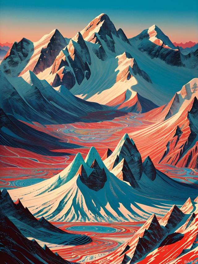 Chinese art, using psychedelic color schemes, ultra-detailed illustrations, light red and sky blue, fictional landscapes, psychedelic cartoons, mountain scenes and ultra-high-definition images, illustrations