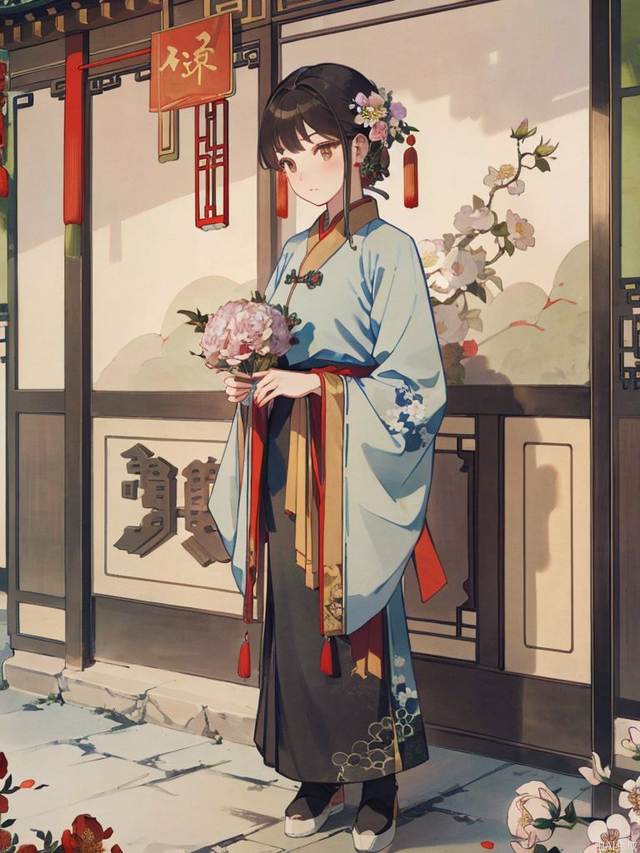 1girl,(chinese clothes,hanfu:1),female focus on,(East Asian architecture,outside:1),(holding flowers:1.2)(Masterpiece, best quality, very detailed CG, complex details: 1.2).