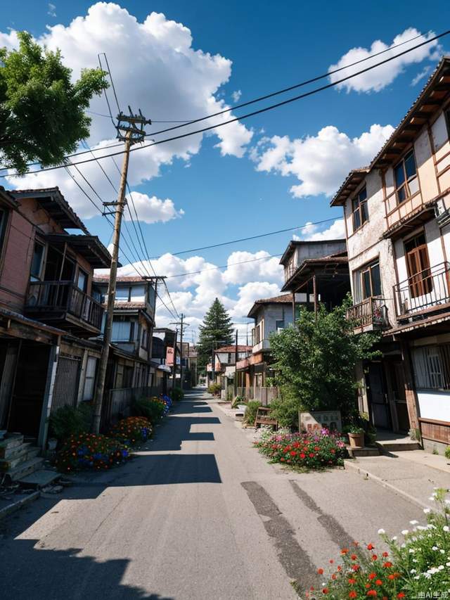 Very cozy little place,surrealism,(Makoto Shinkai anime:0.4),dilapidated old houses on city streets,home wiring,outdoors,sky,clouds,daytime,landscapes,trees,blue sky,buildings,signs,wires,railings,Wide shot,telephone poles,town,wilderness,flowers,a mess of utensils,