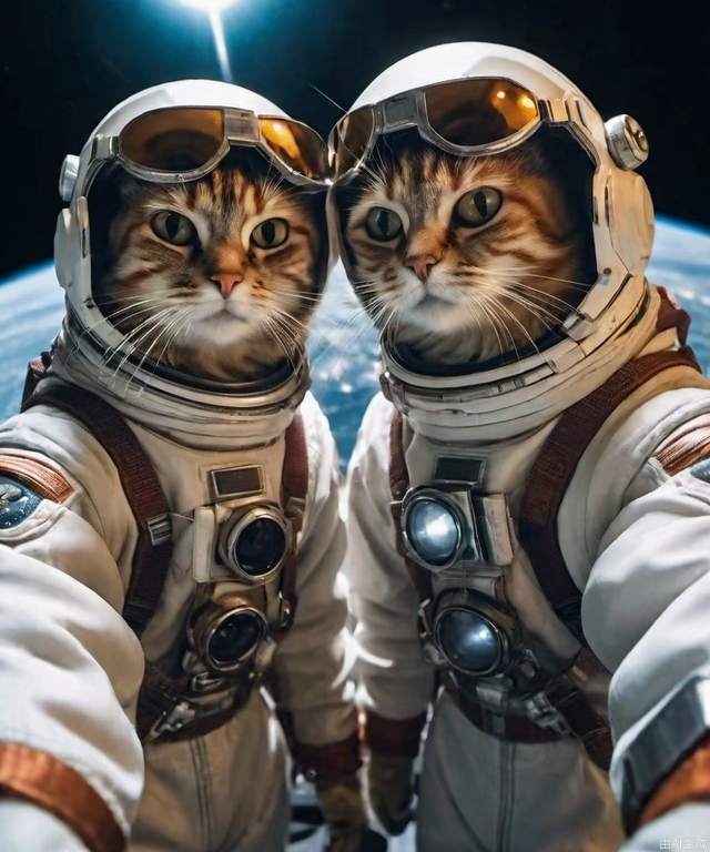 Two sci-fi cats in spacesuits, taking a selfie in outer space, Earth and stars in the background, futuristic design, glowing effects, 8k resolution.