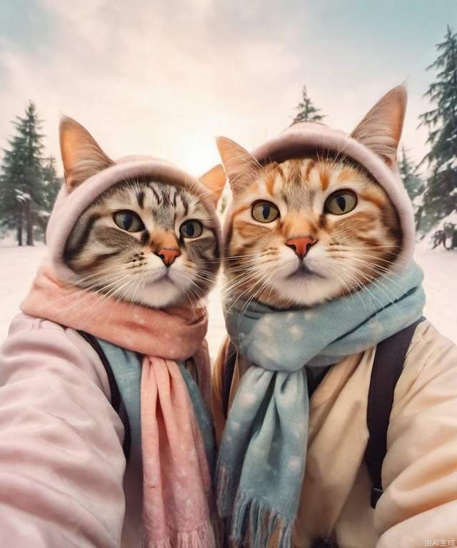 Two cats in winter clothes, taking a selfie in a snowy landscape, cozy atmosphere, warm scarves, soft pastel colors, oil painting style, 5k resolution.