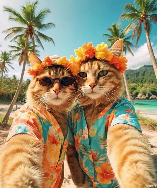 Two cats wearing beach attire, capturing a selfie by the ocean, tropical vibes, palm trees, bright and colorful, digital painting, 6k resolution.