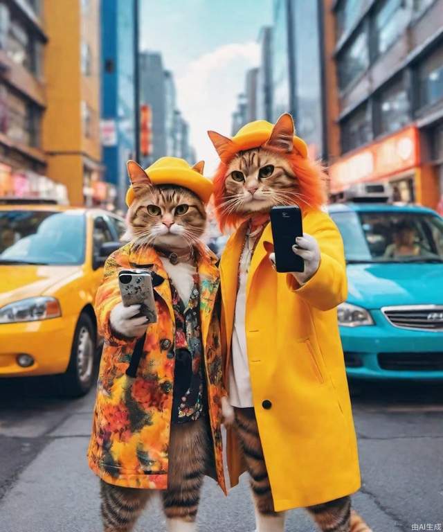 Two fashionable cats in outfits, snapping a selfie with a phone, urban setting, graffiti backdrop, street style, vivid colors, digital illustration, 4k resolution.