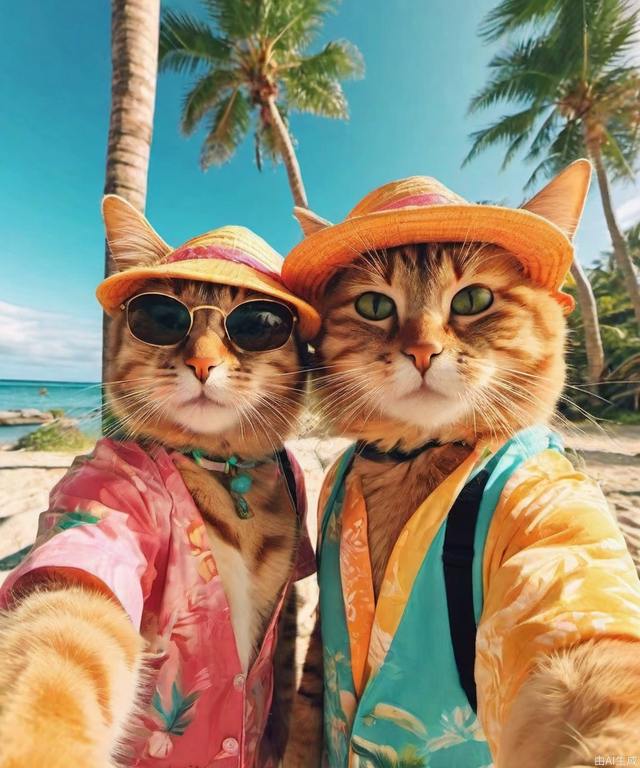 Two cats wearing beach attire, capturing a selfie by the ocean, tropical vibes, palm trees, bright and colorful, digital painting, 6k resolution.