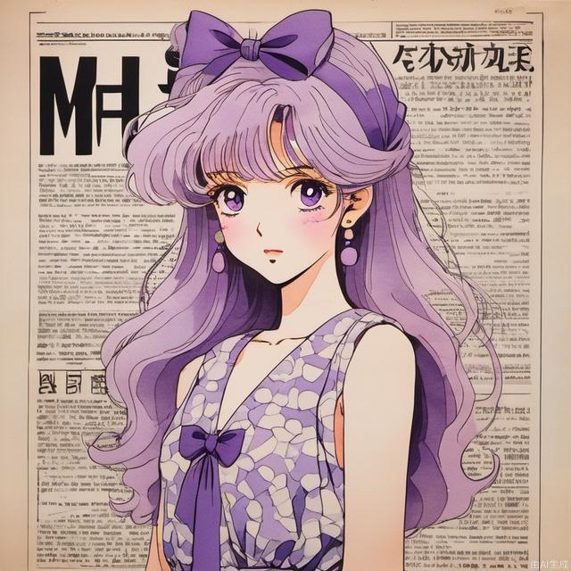 In the 1980s,Japanese old style Carton illustration ,watercolor，A cute girl with light purple long hair, wearing a large sky purple bow on her head,, purple eyes and Sleeveless dress,  light purple and white style, with a clean and concise background，miixed patterns, text and emoji installations,  Weak contrast，portrait, stand in front of a wall of old newspaper