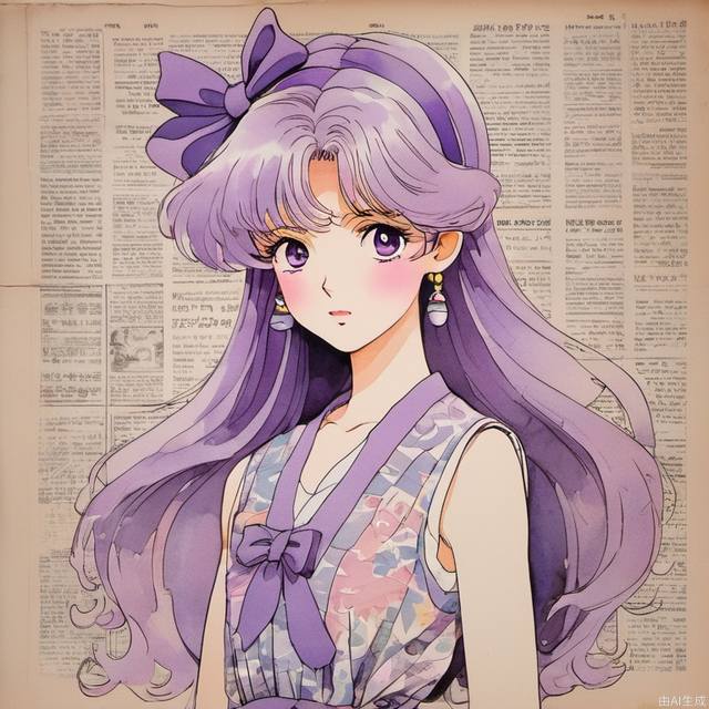 In the 1980s,Japanese old style Carton illustration ,watercolor，A cute girl with light purple long hair, wearing a large sky purple bow on her head,, purple eyes and Sleeveless dress,  light purple and white style, with a clean and concise background，miixed patterns, text and emoji installations,  Weak contrast，portrait, stand in front of a wall of old newspaper