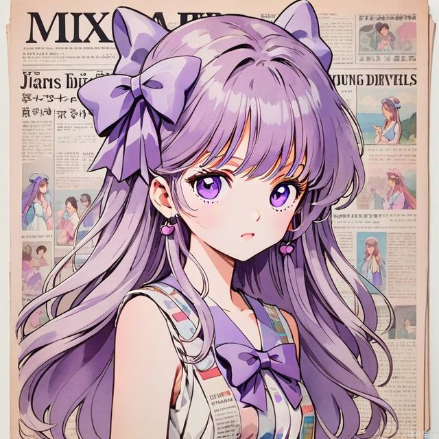 In the 1980s,Japanese old style Carton illustration ,watercolor，A cute girl with light purple long hair, wearing a large sky purple bow on her head,, purple eyes and Sleeveless dress,  light purple and white style, with a clean and concise background，miixed patterns, text and emoji installations,  Weak contrast，portrait, stand in front of a wall of old newspaper