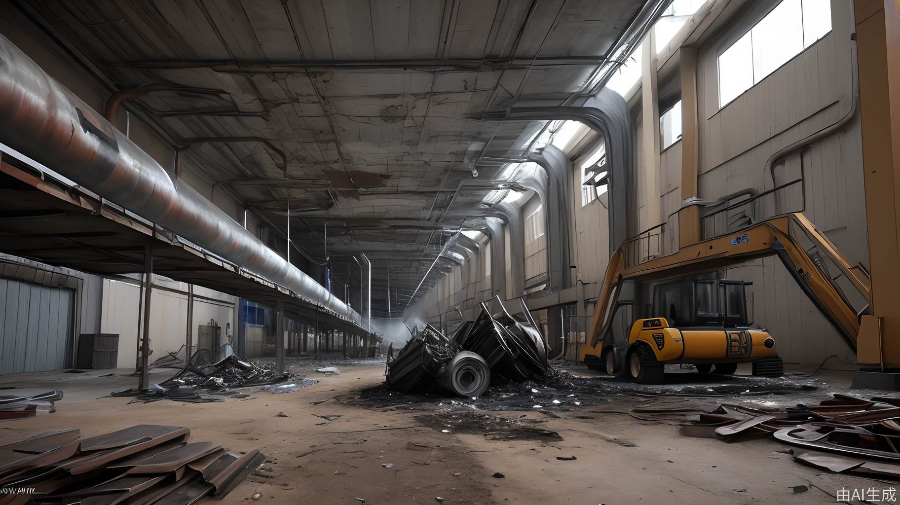 堆满废铁的废弃焊接厂混乱不堪，无人看管。