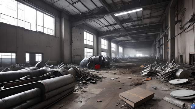 An abandoned factory filled with welding scrap iron workpieces is very chaotic and unattended.