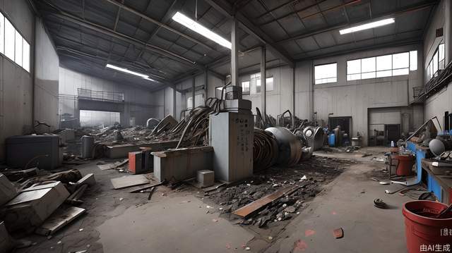 An abandoned factory filled with welding scrap iron workpieces is very chaotic and unattended.