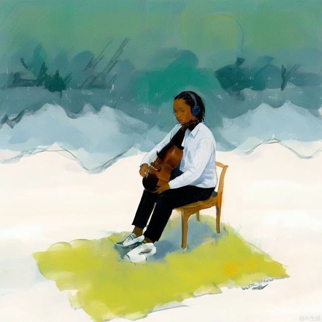 a picture of musician sit on top of a green background，in the style of strip painting，post-conceptual，die br u cke，absence of color，aerial view，iconic civil rights imagery，ultrafine detail