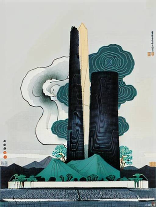 Zhang Daqian, Guan Shanyue, Li Keran. The valley towers into the clouds, the dark background, the gradual change of dark green and matte blue, the distant mountains are blurred, the golden brushstrokes, the lines are smooth, the layers are clear, minimalism, intuitive art