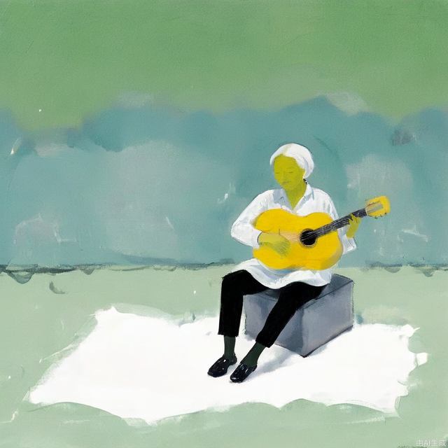 a picture of musician sit on top of a green background，in the style of strip painting，post-conceptual，die br u cke，absence of color，aerial view，iconic civil rights imagery，ultrafine detail