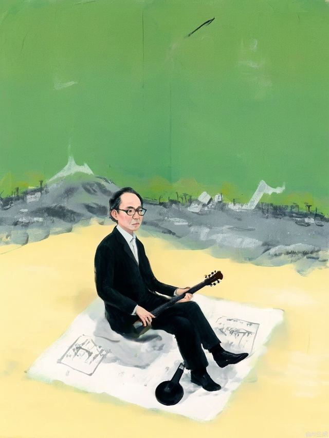 a picture of musician sit on top of a green background，in the style of strip painting，post-conceptual，die br u cke，absence of color，aerial view，iconic civil rights imagery，ultrafine detail