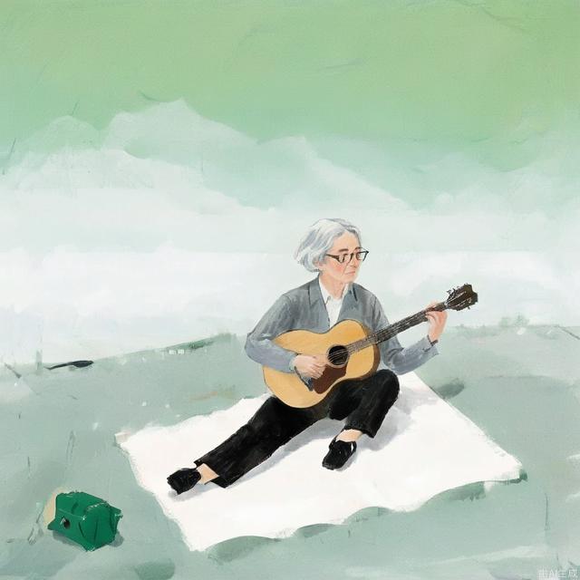 a picture of musician sit on top of a green background，in the style of strip painting，post-conceptual，die br u cke，absence of color，aerial view，iconic civil rights imagery，ultrafine detail