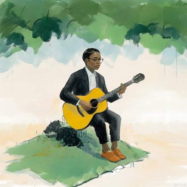 a picture of musician sit on top of a green background，in the style of strip painting，post-conceptual，die br u cke，absence of color，aerial view，iconic civil rights imagery，ultrafine detail