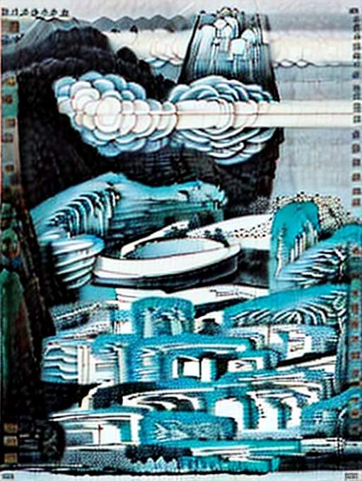 Jazz poster, Zhang Daqian, Guan Shanyue, Li Keran. The valley towers into the clouds, the dark background, the gradual change of dark green and matte blue, the distant mountains are blurred, the golden brushstrokes, the lines are smooth, the layers are clear, minimalism, intuitive art