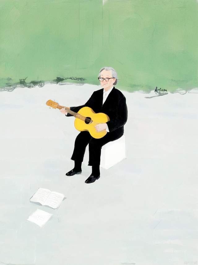 a picture of musician sit on top of a green background，in the style of strip painting，post-conceptual，die br u cke，absence of color，aerial view，iconic civil rights imagery，ultrafine detail