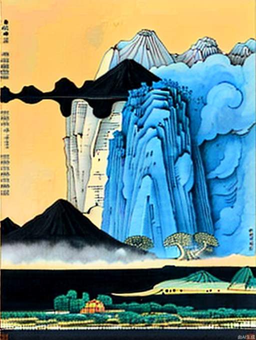 Zhang Daqian, Guan Shanyue, Li Keran. The valley towers into the clouds, the dark background, the gradual change of dark green and matte blue, the distant mountains are blurred, the golden brushstrokes, the lines are smooth, the layers are clear, minimalism, intuitive art