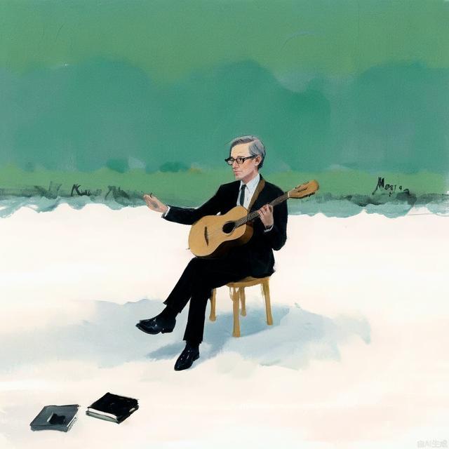 a picture of musician sit on top of a green background，in the style of strip painting，post-conceptual，die br u cke，absence of color，aerial view，iconic civil rights imagery，ultrafine detail