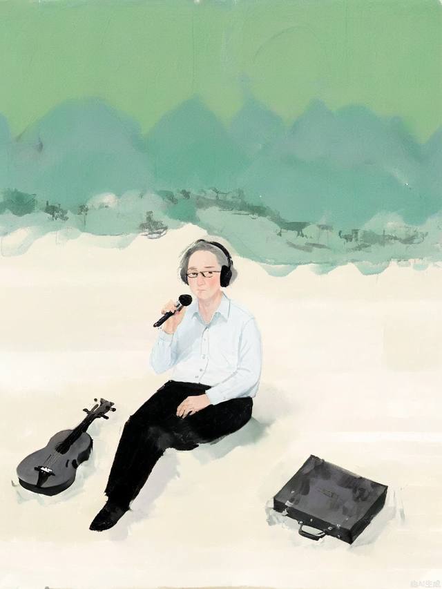 a picture of musician sit on top of a green background，in the style of strip painting，post-conceptual，die br u cke，absence of color，aerial view，iconic civil rights imagery，ultrafine detail