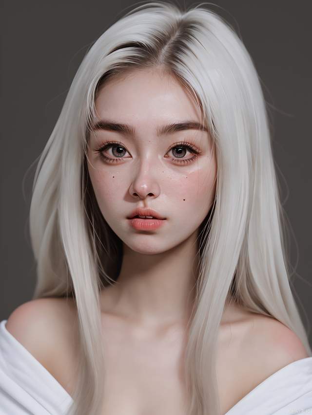 20 years old, long hair, white skin, big eyes, high nose bridge