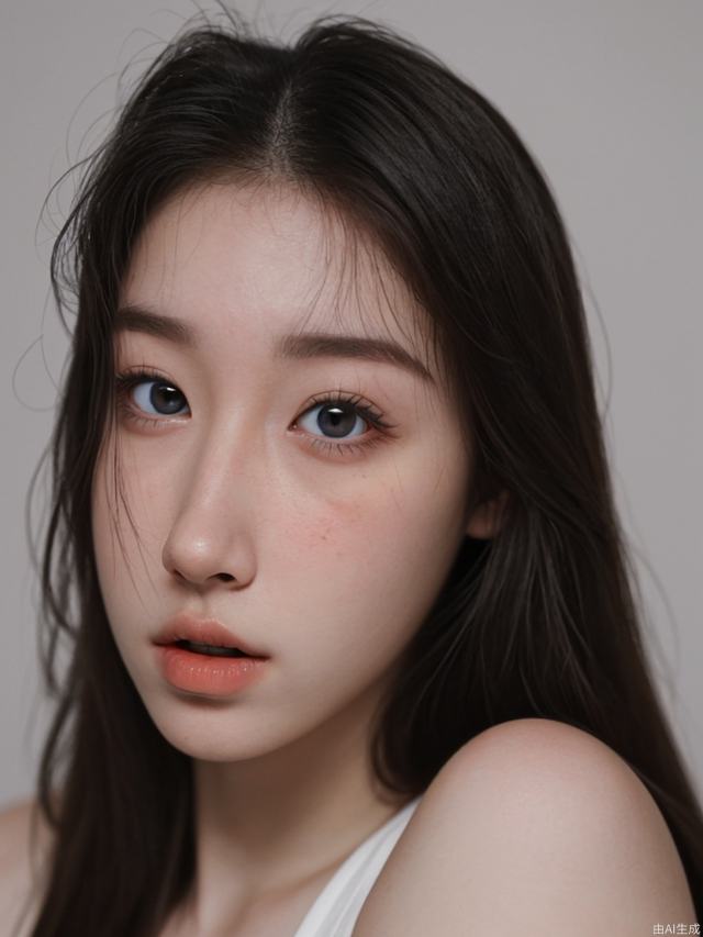 20 years old, long hair, white skin, big eyes, high nose bridge