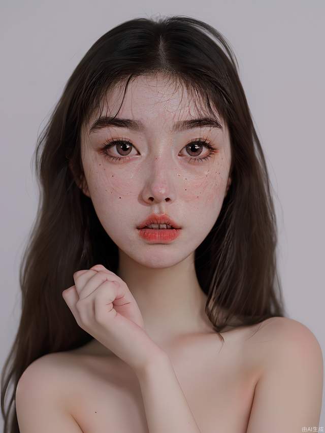 20 years old, long hair, white skin, big eyes, high nose bridge and no clothes